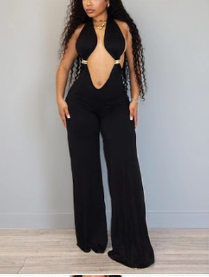 Metal Decor Halter Backless Jumpsuits