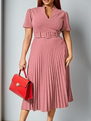 Pleated Pullover V Neck Short Sleeve Dress