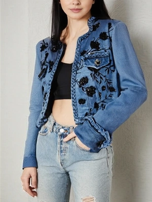 Flower Sequin Embroidery Cropped Denim Jackets