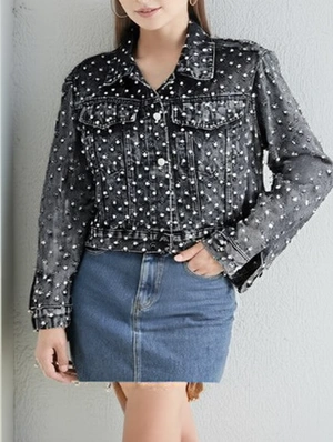 Rhombic Embellished Lapel Denim Jackets