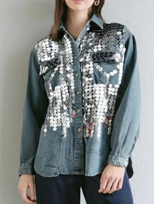 Sequin Denim Button Up Loose Shirt