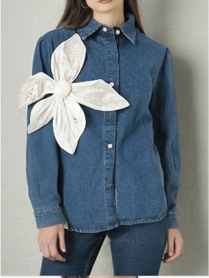 Flower Decor Beading Denim Shirt