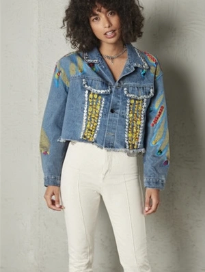 Embellished Fuzzy Trim Denim Cropped Jackets