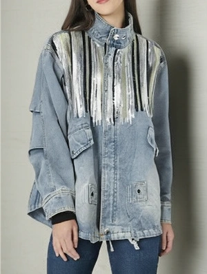Ripped Denim Sequin Drawstring Coats