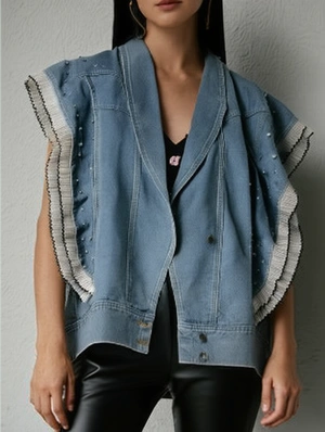 Faux Pearl Embellished Denim Ruffle Vest