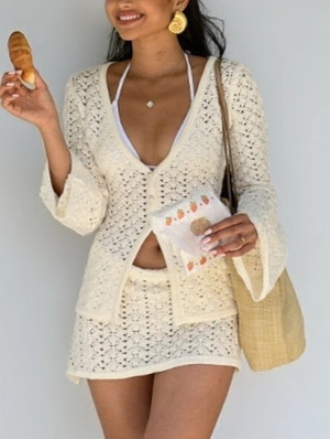 Solid Hollow-out Knitting Cardigan 2pcs Skirt Sets