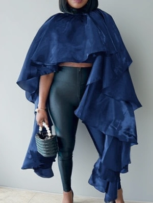 Mock Neck Irregular Ruffle Loose Cape
