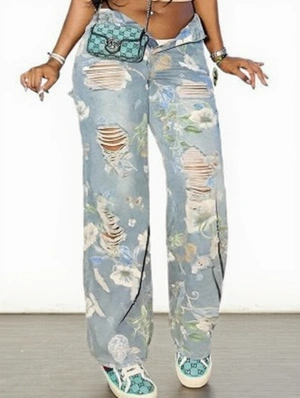 Distressed Flower Graffiti Ripped Denim Jeans