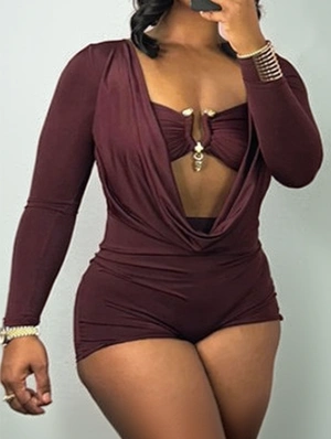 Deep V Neck Fitted Metal Decor Rompers