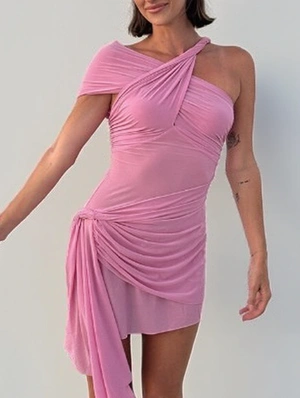 Ruched Sheer One Shoulder Mini Dress