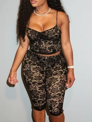 Floral Lace Cropped Knee Shorts Sets