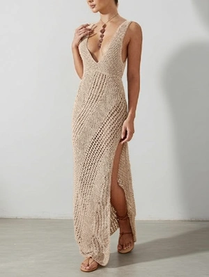 Solid Crochet V Neck Split Sleeveless Maxi Dress
