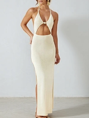 Solid Knitting Hollow-out Split Backless Halter Maxi Dress
