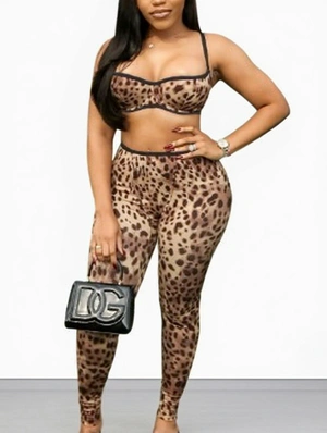 Leopard Cropped Tank Bodycon Pant Sets