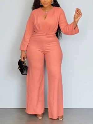 Plain Keyhole Neck Wide Leg Jumpsuits