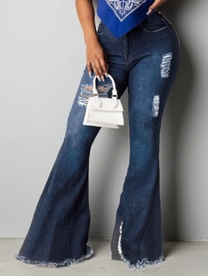 Ripped Denim Raged Hem Flare Leg Jeans