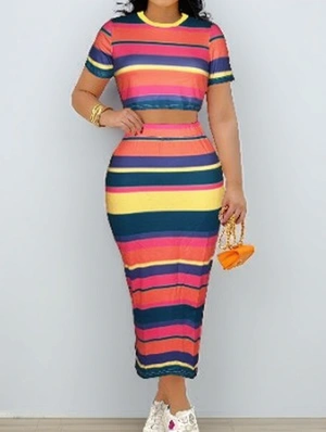 Colorblock Striped Cropped Side Slit Skirt Sets