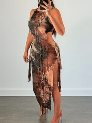 Sexy Hollow-out Split Fringes Sleeveless Long Dress