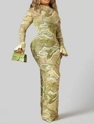 Mock Neck Long Sleeve High Rise Maxi Dress