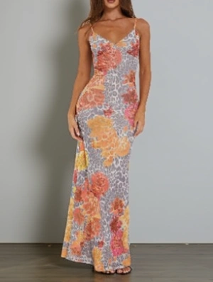 Flower Leopard Sleeveless V Neck Maxi Dress