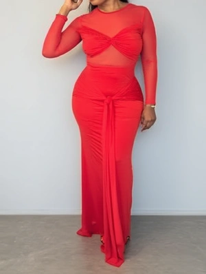 Ruched Sheer Bandage Ribbon Maxi Dress