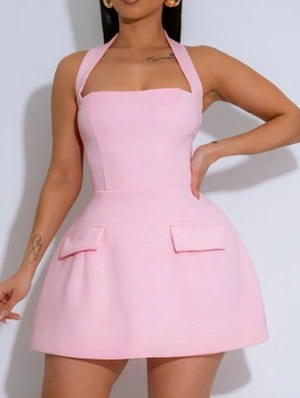 Plain Halter Backless A-line Mini Dress