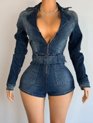 Denim Zipper Lapel Romper With Belt