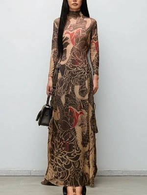 Snake Print Sheer Gauze Split Hem Long Tops