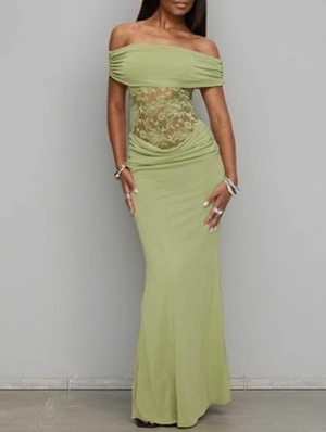 Ruched Off Shoulder Lace Sheer Maxi Dress