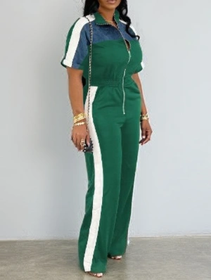 Colorblock Striped Trim Denim Patch Jumpsuits