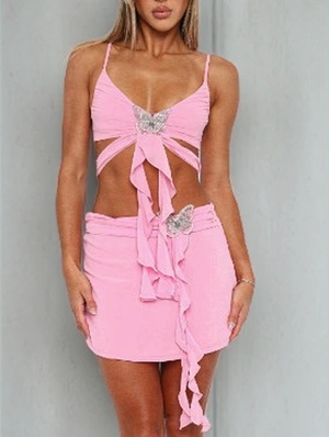 Butterfly Decor Ruffle Lace Up Ruched Skirt Sets