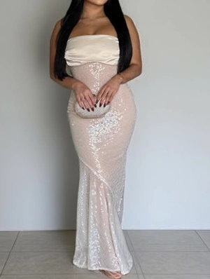 Satin Luxury Sequin Strapless Maxi Dress