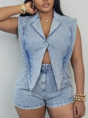Denim V Neck Lapel Sleeveless Rompers
