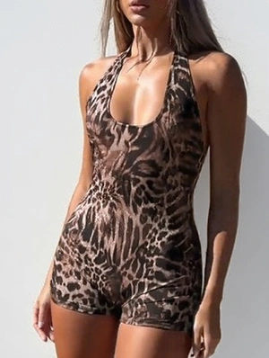 Leopard Print Halter Lace-Up Rompers