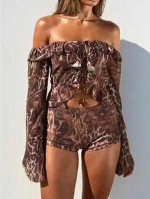 Leopard Off Shoulder Ruffle Short Sets