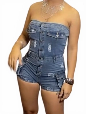 Ripped Denim Pockets Strapless Rompers