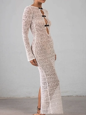 Solid Crochet Hollow-out Backless Long Sleeve Dress