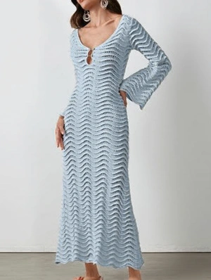 Solid Hollow-out Crochet Backless Long Sleeve Dress