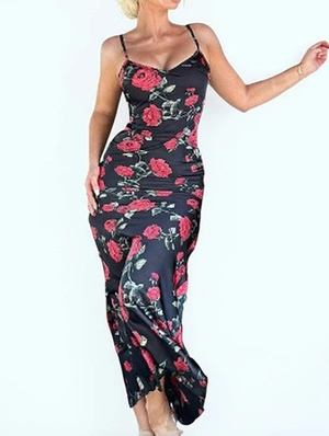 Rose Printed Backless Lace Up Maxi Dress