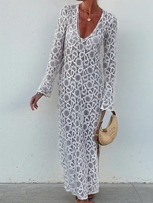 Embroidery Sheer V Neck Side Slit Maxi Dress