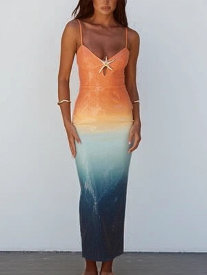 Gradient Sequin Metal Decor Maxi Dress