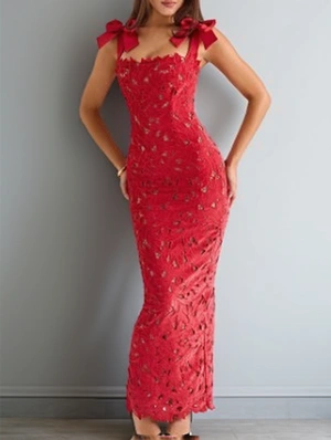 Bow Sleeveless Lacework Maxi Dress