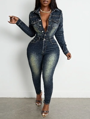 Vintage Denim Buckle Lapel Jumpsuits