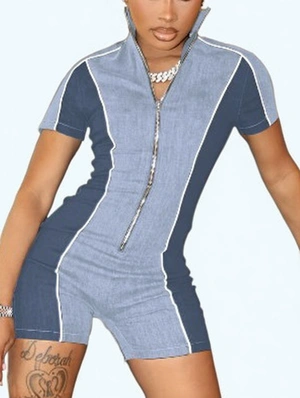 Colorblock Denim Zipper Stand Collar Rompers