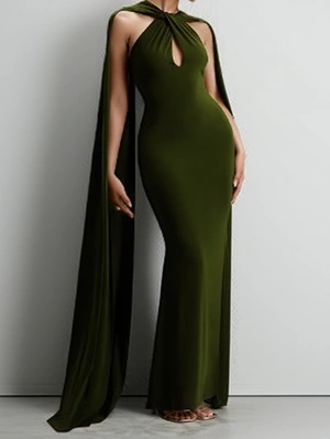 Ruched Halter Backless Ribbons Maxi Dress