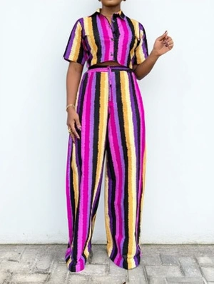 Colorblock Striped Cropped Shirt Pant Sets