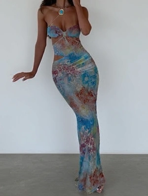 Floral Hollow-out Strapless Fitted Maxi Dress