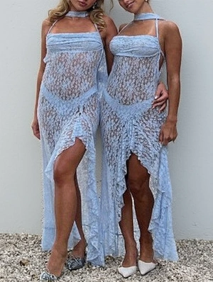 Beach Lace Detail Spaghetti Straps Ruffle Hem Maxi Dress