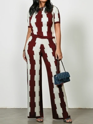 Colorblock Printed Wide Leg Casual Pant Sets
