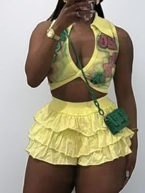Letter Print Cropped Tank Ruffle Short Sets
